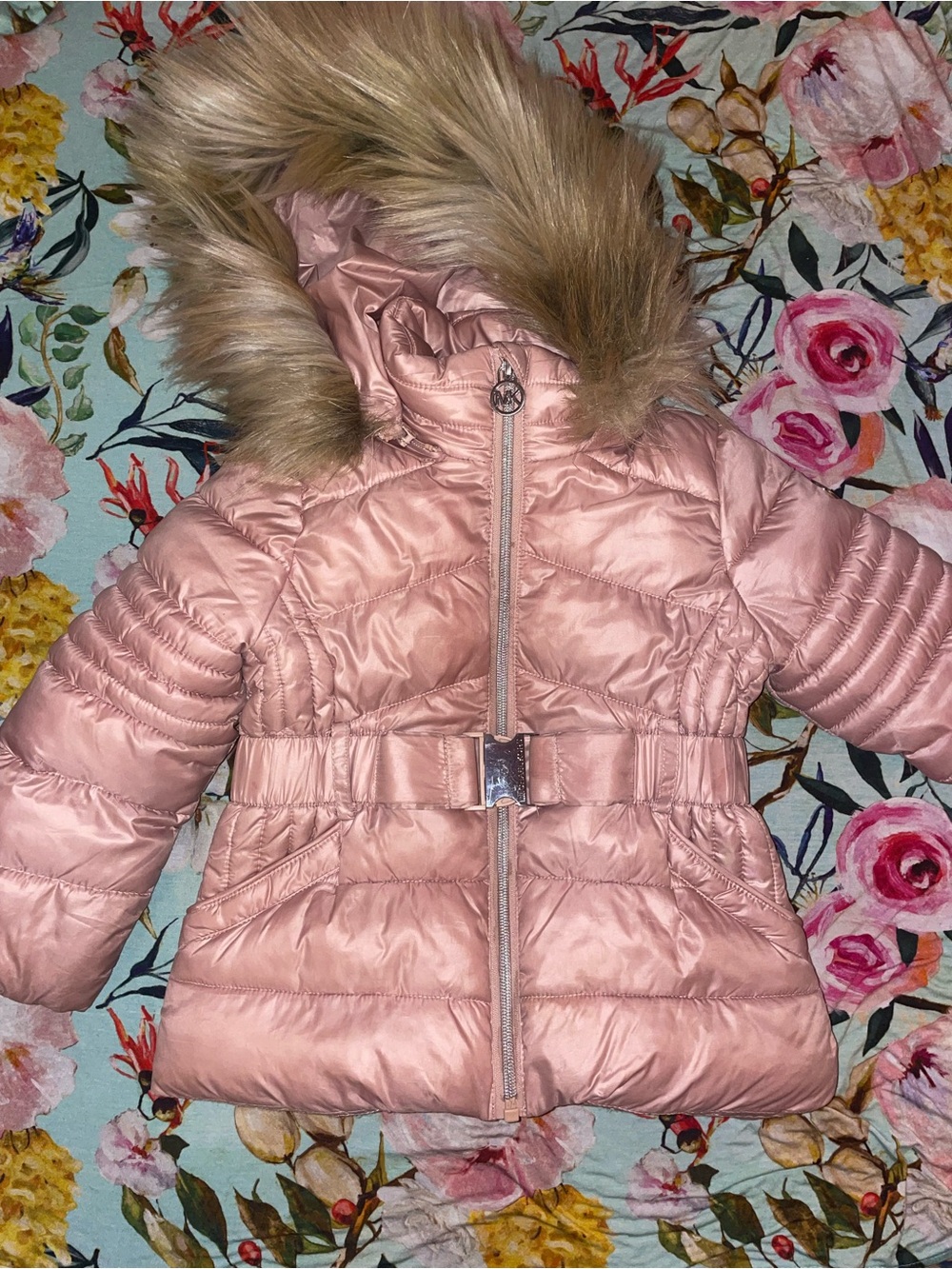 Girls Pink Michael Kors Puffer Coat with Faux Fur Hood